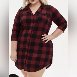 Torrid Super Soft Sleep Red Black Plaid Full Button Down Sleepshirt Sz 3X**